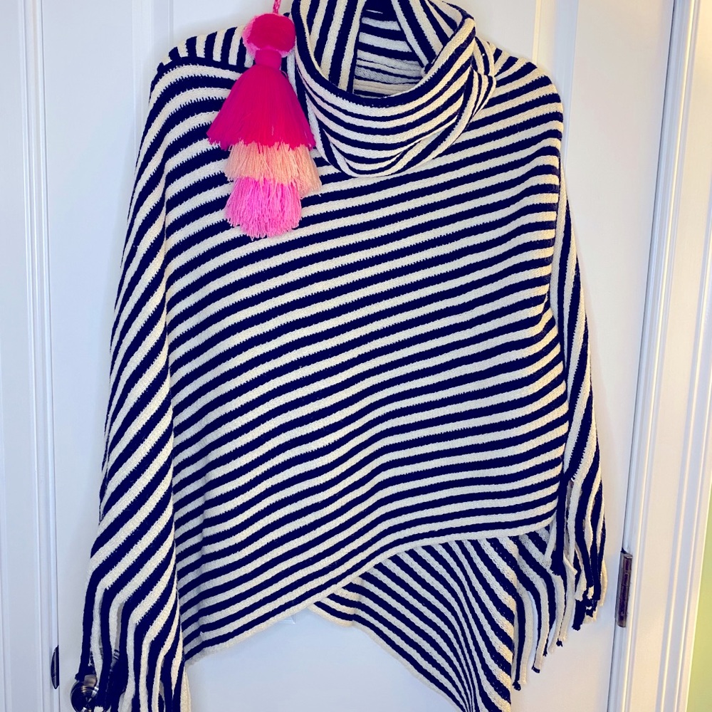 Dark navy and white striped poncho with fringe